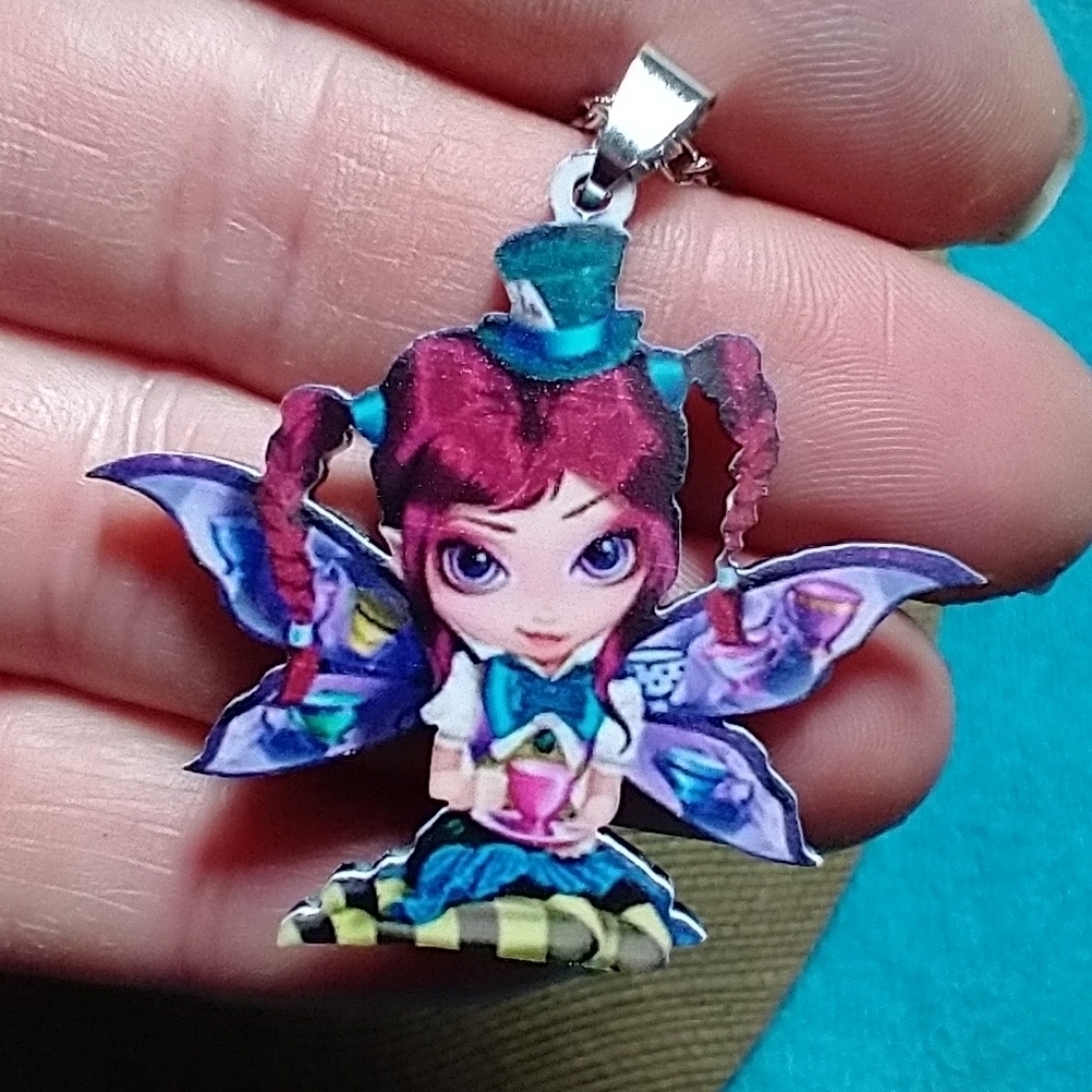 Whimsical Fairy Pendant Necklace purple pink yellow blue with hat